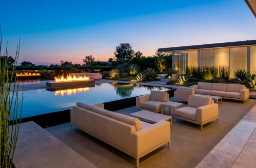 Luxury modern patio with an infinity pond and fire pit at sunset for high-end outdoor entertaining.