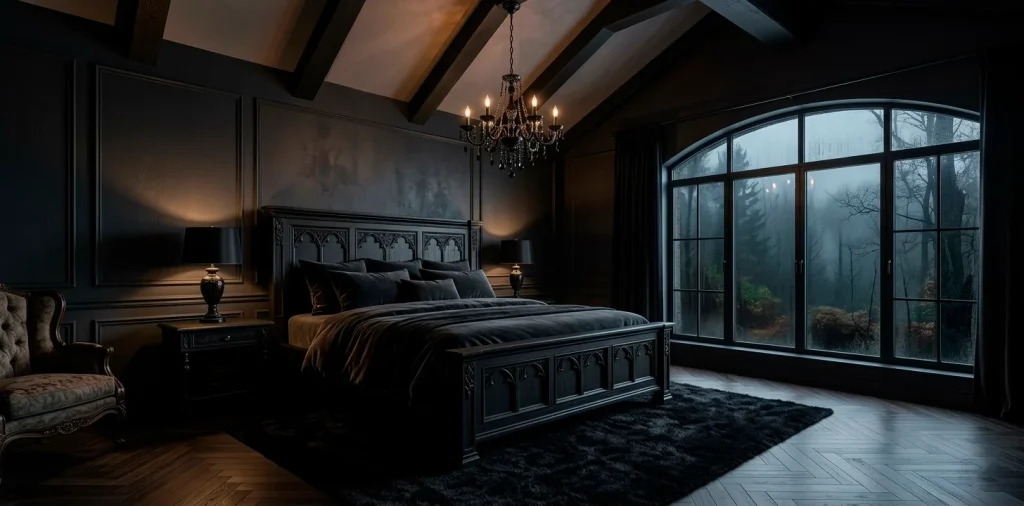 Luxurious modern gothic bedroom featuring dramatic black carved furniture and moody atmospheric lighting.