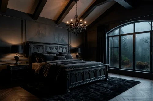 Luxurious modern gothic bedroom featuring dramatic black carved furniture and moody atmospheric lighting.
