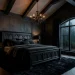 Luxurious modern gothic bedroom featuring dramatic black carved furniture and moody atmospheric lighting.