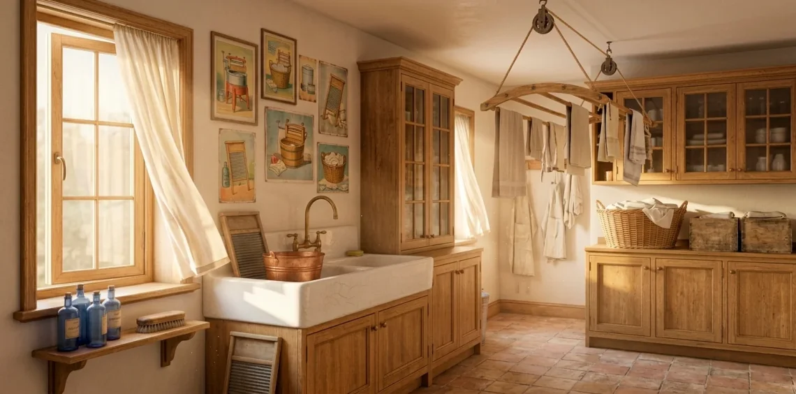 Wide panoramic view of a sun-drenched vintage laundry room with a farmhouse sink and rustic wooden elements.