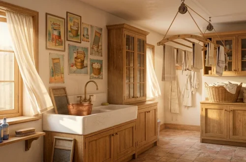 Wide panoramic view of a sun-drenched vintage laundry room with a farmhouse sink and rustic wooden elements.