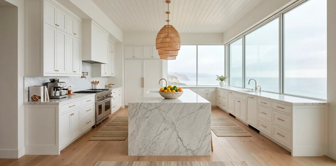 Wide horizontal view of a bright coastal kitchen with white cabinets, marble island, and ocean views through large windows.
