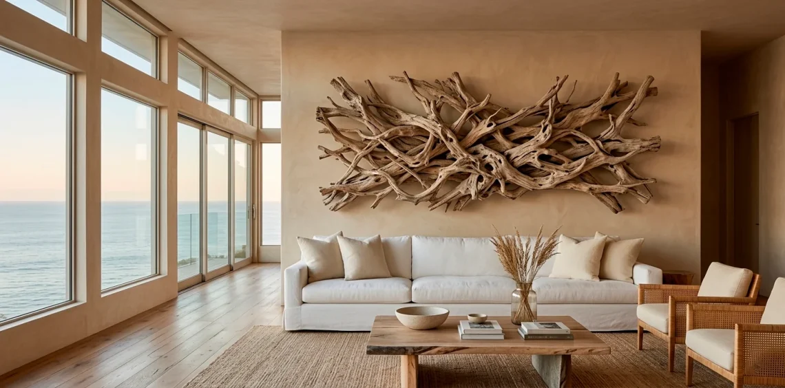 Large sun-bleached driftwood wall sculpture in a bright, modern coastal living room with white linen furniture.