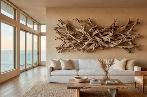 Large sun-bleached driftwood wall sculpture in a bright, modern coastal living room with white linen furniture.
