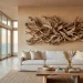 Large sun-bleached driftwood wall sculpture in a bright, modern coastal living room with white linen furniture.