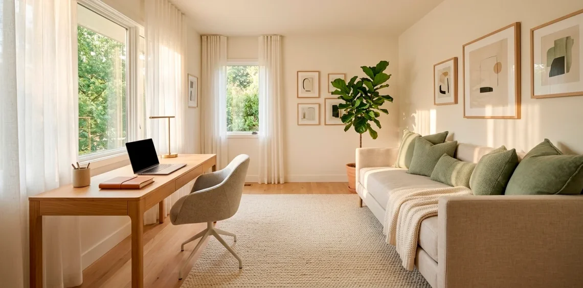 Sophisticated guest room office combo with light oak desk and linen daybed in a sunlit interior.