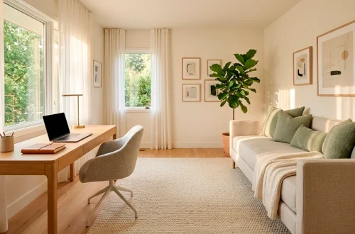 Sophisticated guest room office combo with light oak desk and linen daybed in a sunlit interior.