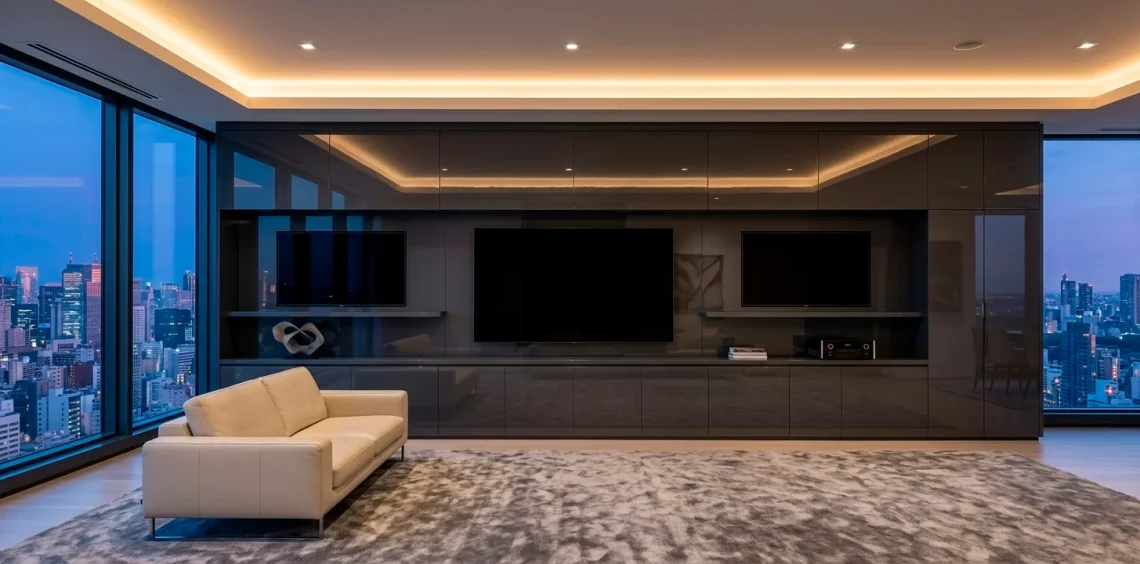 Sleek charcoal high-gloss TV wall unit in a modern living room with city view and ambient lighting.