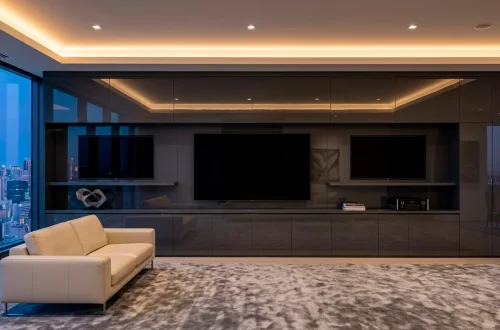 Sleek charcoal high-gloss TV wall unit in a modern living room with city view and ambient lighting.