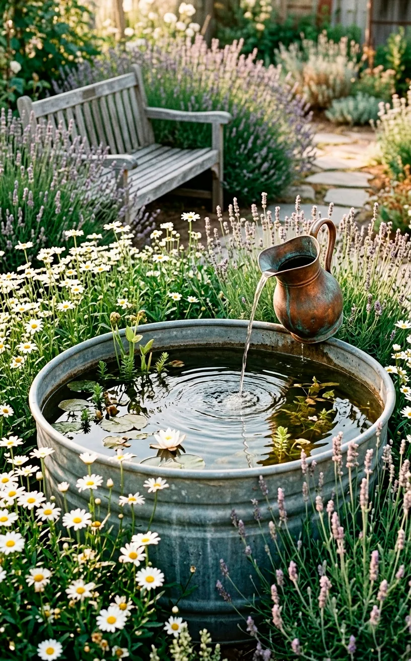 Rustic stock tank pond with a copper pitcher water fountain feature.