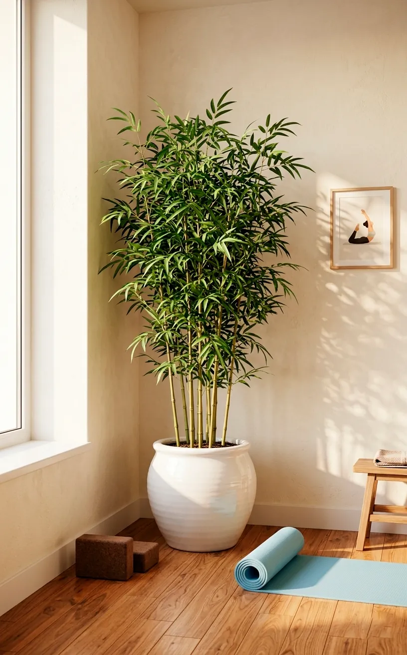 A large potted bamboo plant adding greenery to a sunlit Pilates studio.