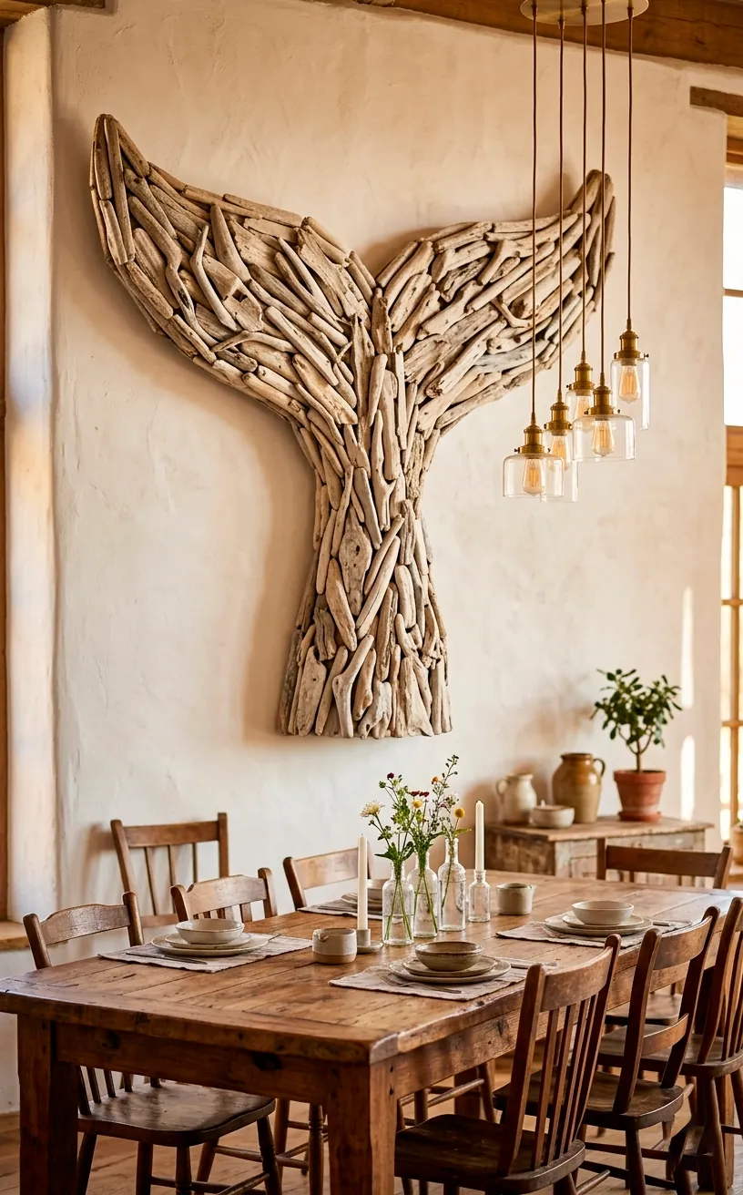 Large driftwood whale tail sculpture mounted on a wall in a coastal dining room.