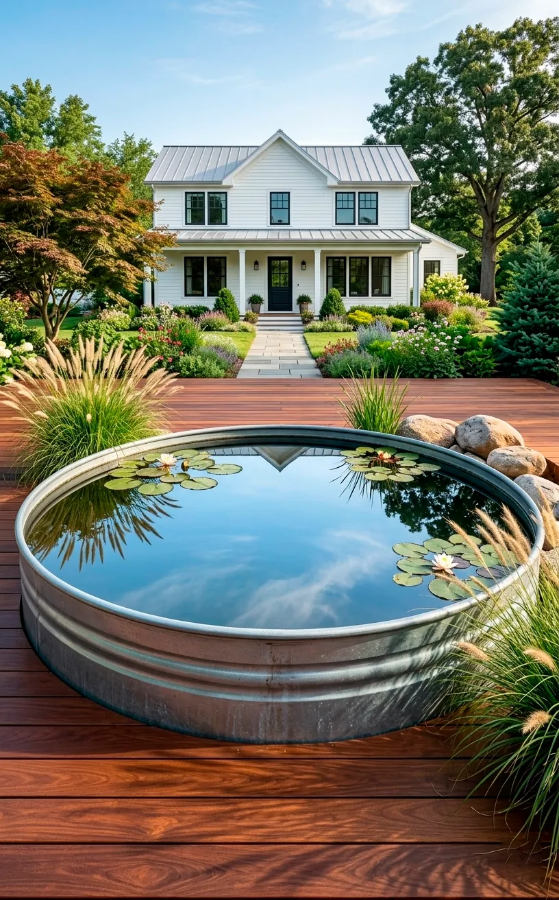Semi-sunken stock tank pond integrated into a luxury wooden deck with farmhouse background.