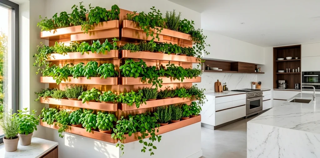 A luxurious kitchen herb wall with a tiered copper rack filled with fresh herbs under soft natural sunlight.