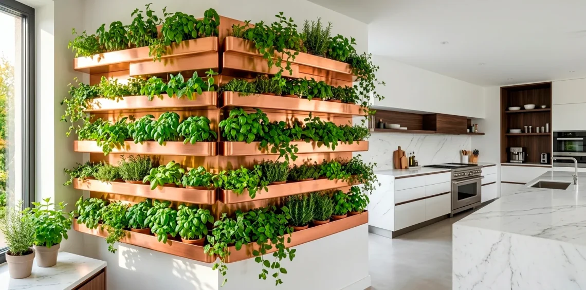 A luxurious kitchen herb wall with a tiered copper rack filled with fresh herbs under soft natural sunlight.