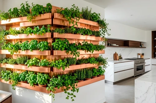 A luxurious kitchen herb wall with a tiered copper rack filled with fresh herbs under soft natural sunlight.