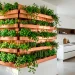 A luxurious kitchen herb wall with a tiered copper rack filled with fresh herbs under soft natural sunlight.