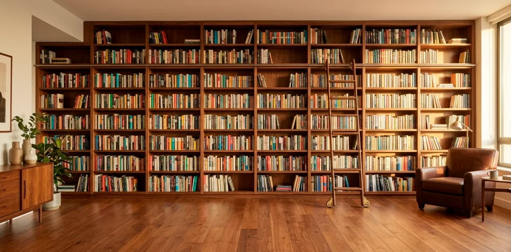 Wide panorama of a modern home library with floor-to-ceiling wooden bookshelves and a rolling library ladder.