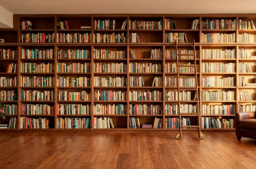Wide panorama of a modern home library with floor-to-ceiling wooden bookshelves and a rolling library ladder.