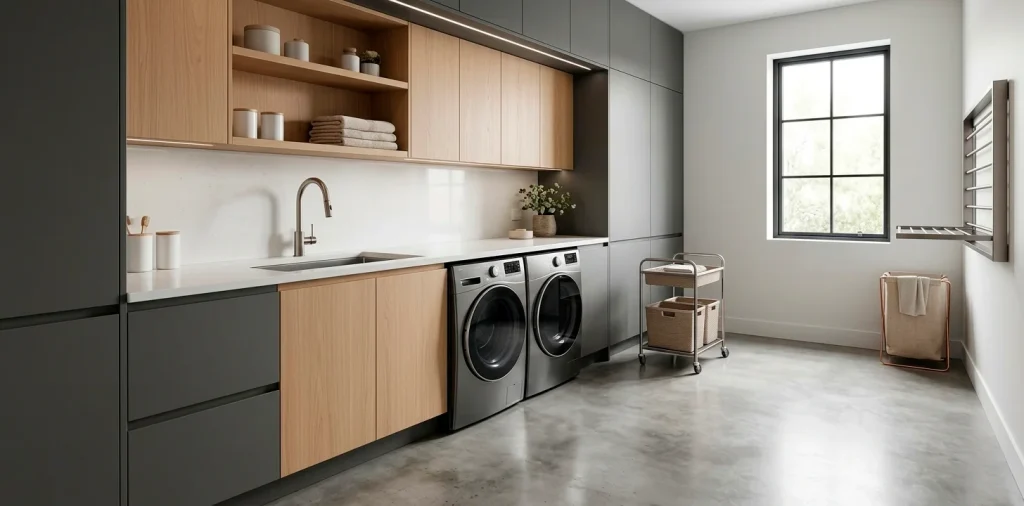 Wide view of a modern laundry room with sleek charcoal and oak cabinets and integrated smart appliances.