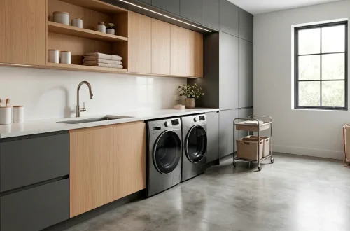 Wide view of a modern laundry room with sleek charcoal and oak cabinets and integrated smart appliances.