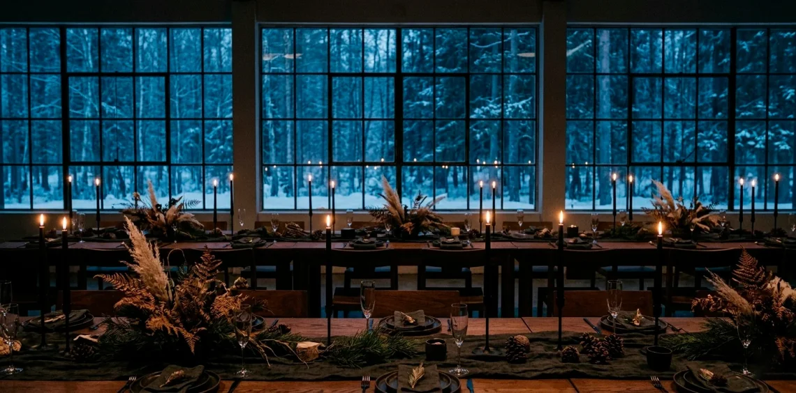 Sophisticated Scandi-Noir wedding reception with black candles and winter forest views.