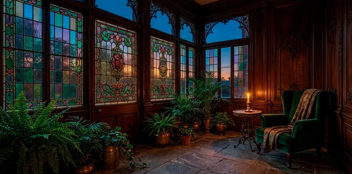 Wide panoramic view of a moody Victorian porch with glowing stained glass windows and antique furniture.