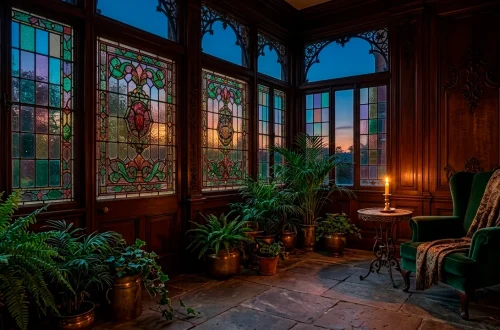 Wide panoramic view of a moody Victorian porch with glowing stained glass windows and antique furniture.