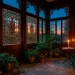 Wide panoramic view of a moody Victorian porch with glowing stained glass windows and antique furniture.