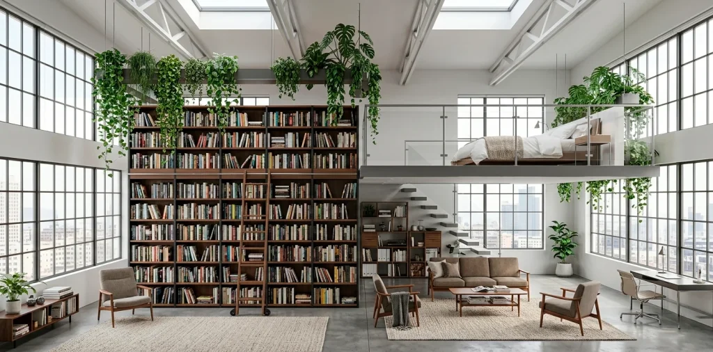 Wide shot of a luxury modern studio apartment featuring high ceilings and vertical storage solutions.