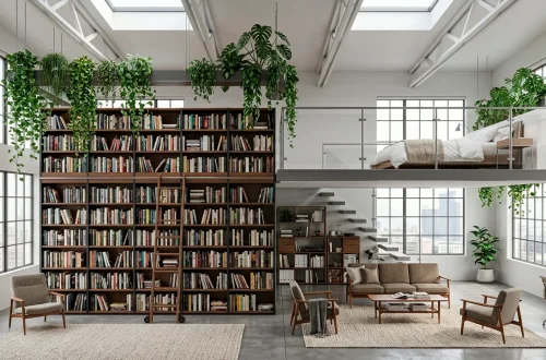 Wide shot of a luxury modern studio apartment featuring high ceilings and vertical storage solutions.