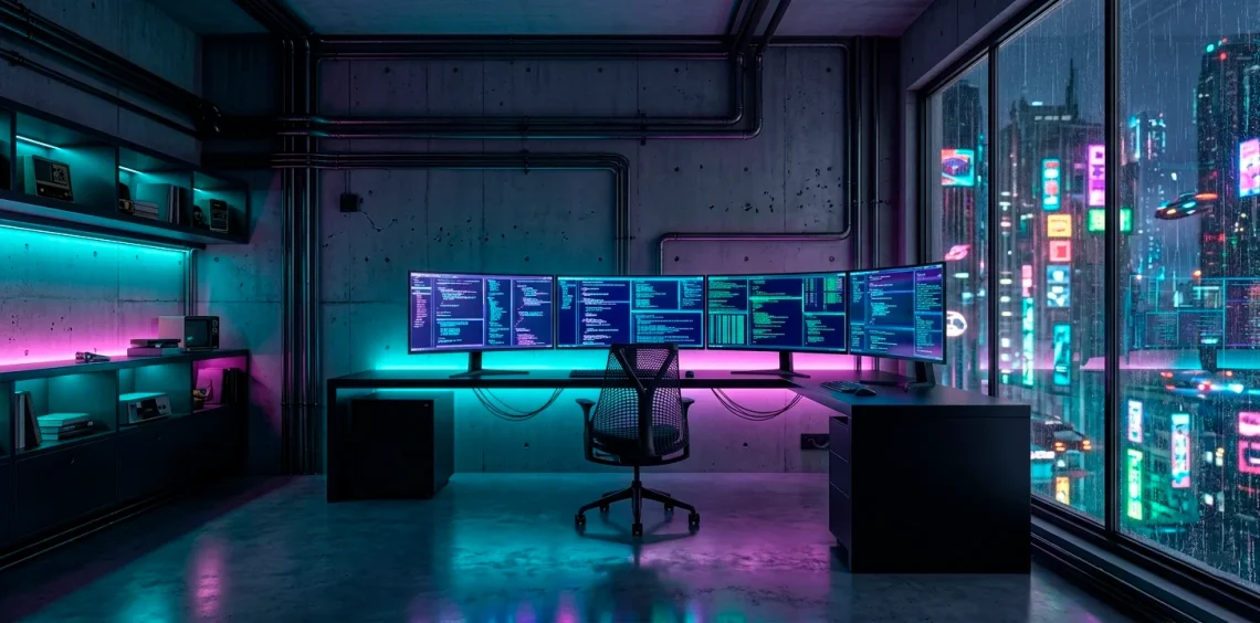 Futuristic cyberpunk home office with neon RGB lighting and dark industrial metal furniture.
