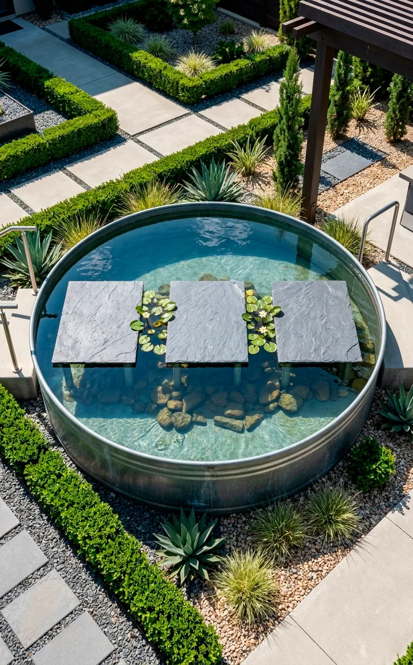 Large stock tank pond with floating slate stepping stone feature.