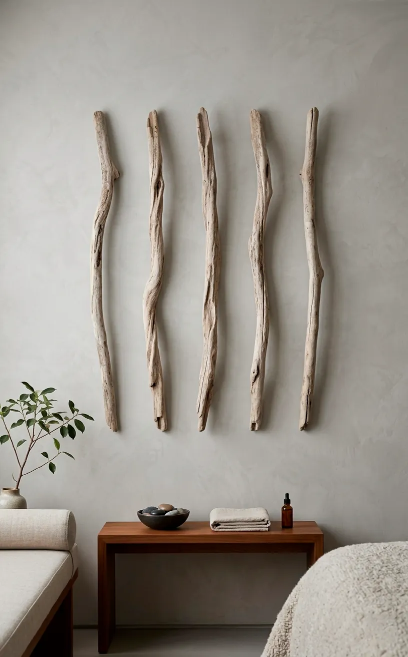 Minimalist linear arrangement of vertical driftwood pieces on a gray wall.