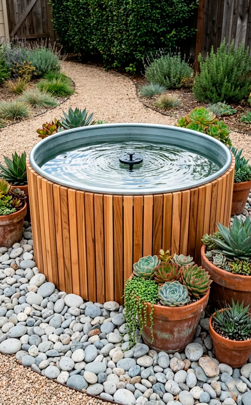 Stock tank pond with cedar wood slat siding in a gravel garden.
