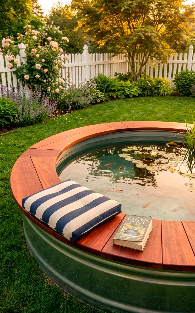 Stock tank pond with a redwood wooden seating ledge and cushions.