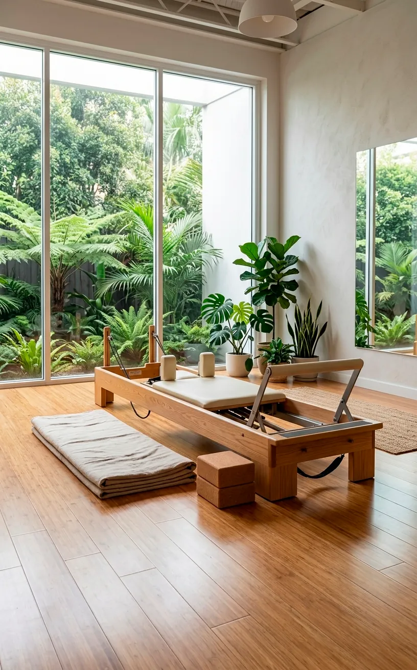 Polished strand-woven bamboo flooring in a bright Pilates studio with a wooden reformer and natural light.