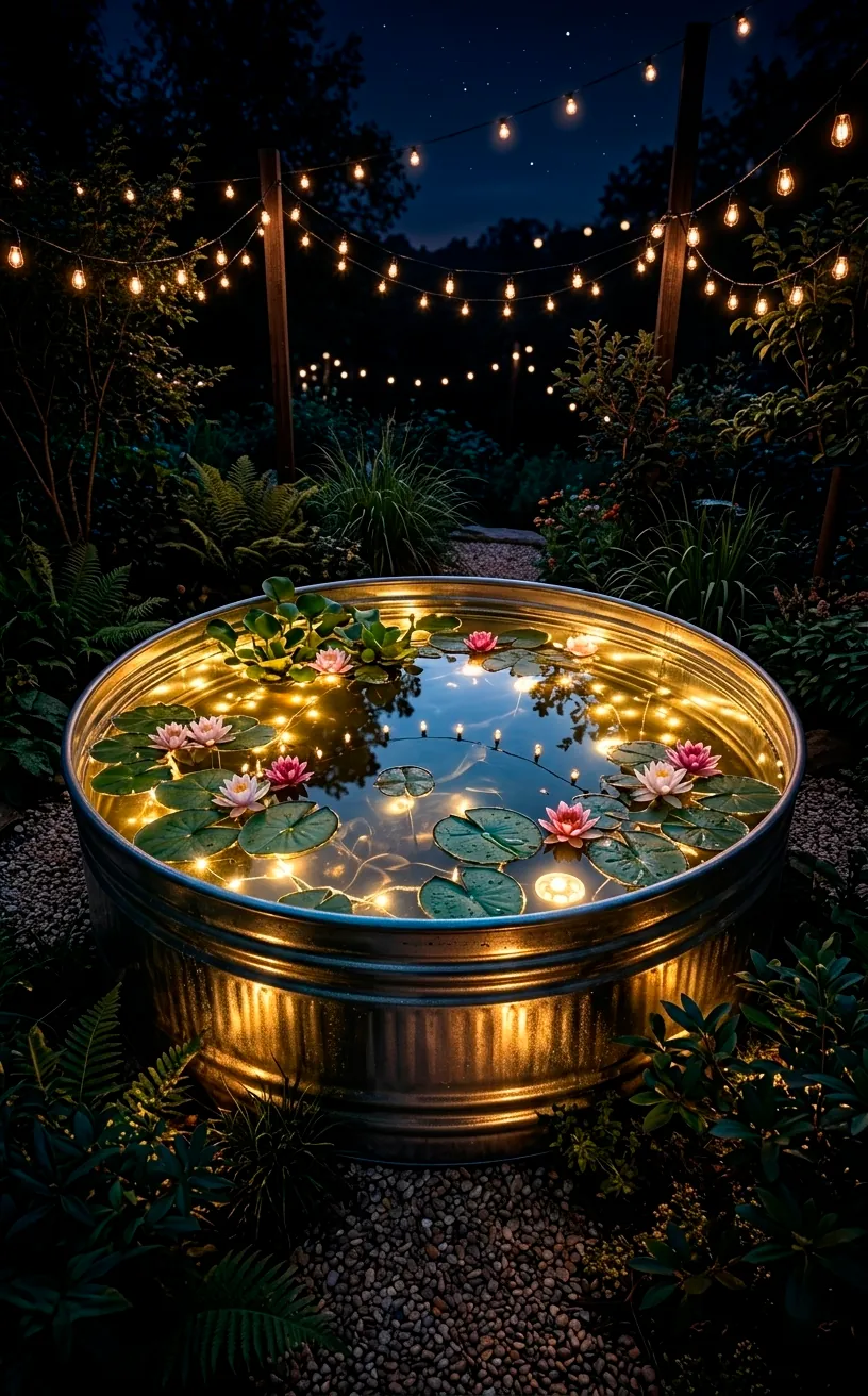 Glowing stock tank pond at night with underwater LED lighting.