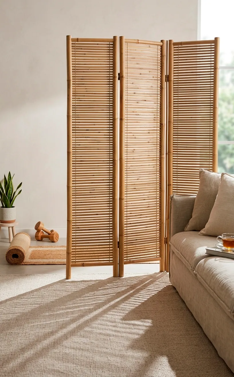 A three-panel bamboo room divider creating a private workout zone in a modern home.