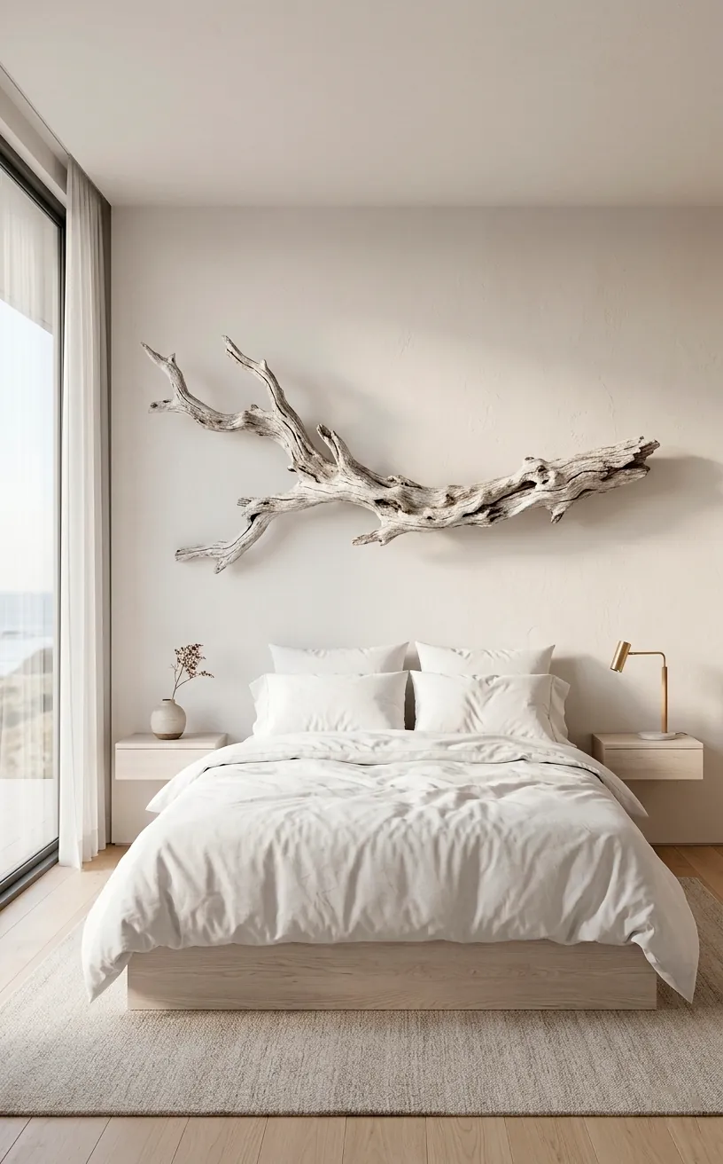 Giant sun-bleached driftwood branch mounted above a bed in a minimalist coastal bedroom.