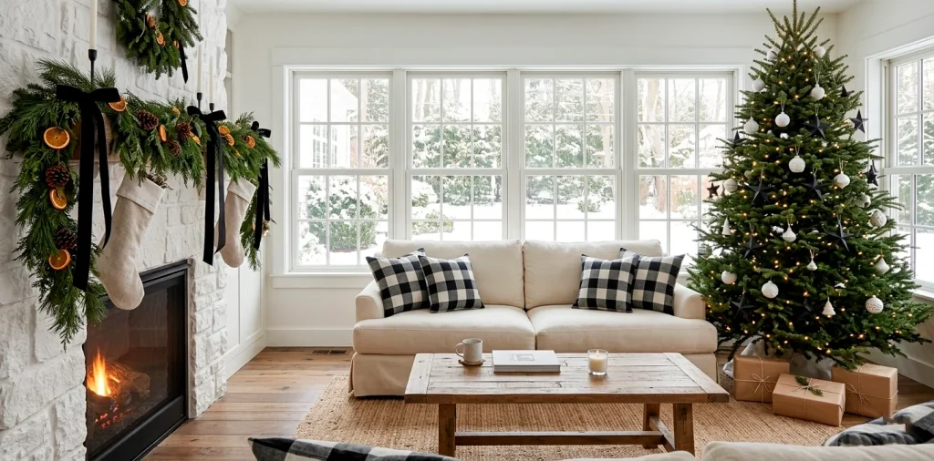 Wide shot of a farmhouse living room with black and white Christmas decorations and a cozy fireplace.