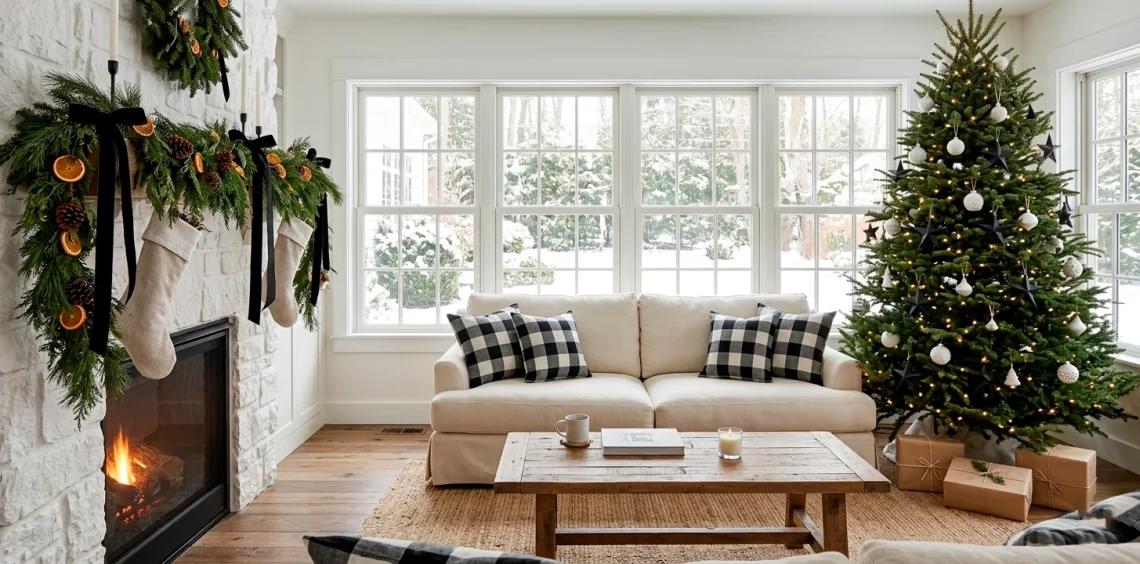 Wide shot of a farmhouse living room with black and white Christmas decorations and a cozy fireplace.