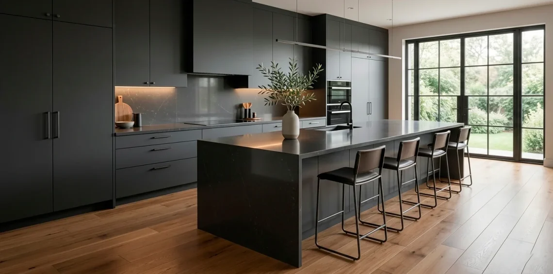 Sophisticated modern kitchen featuring matte charcoal cabinetry, a central island, and warm wood flooring.