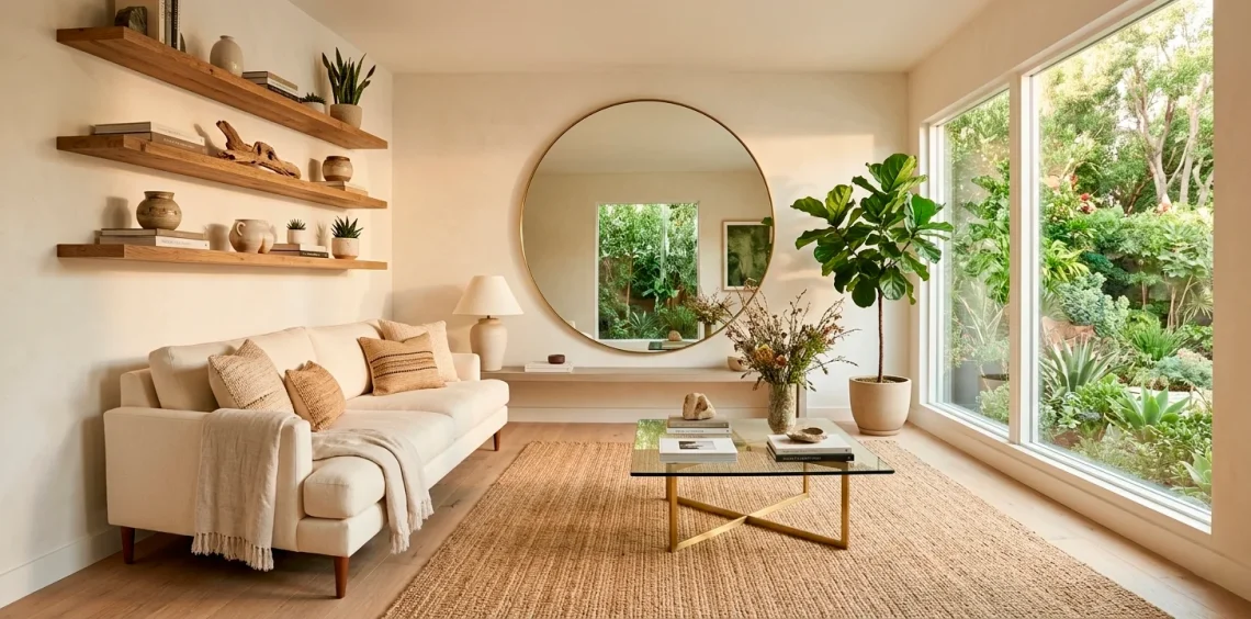 Bright and airy small living room with clever space-saving furniture and natural lighting.