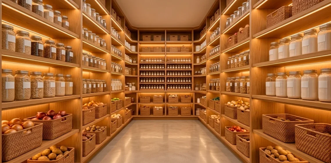 A wide, high-end organized kitchen pantry featuring wooden shelves and uniform glass storage containers.