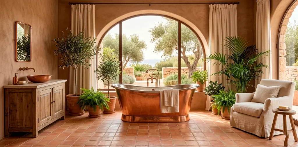 Luxurious Mediterranean bathroom with terracotta tiles, copper tub, and warm earthy decor in a wide shot.