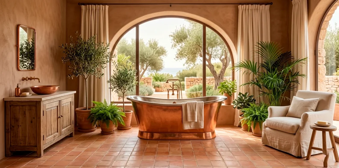 Luxurious Mediterranean bathroom with terracotta tiles, copper tub, and warm earthy decor in a wide shot.