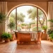 Luxurious Mediterranean bathroom with terracotta tiles, copper tub, and warm earthy decor in a wide shot.