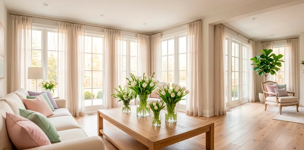 Bright living room with spring decor, pastel accents, and fresh tulips on a coffee table.